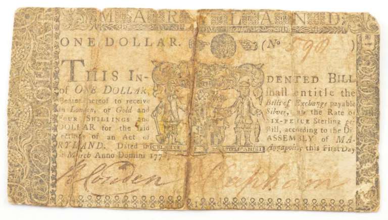 1770's Colonial Maryland - Annapolis 1 Dollar Note