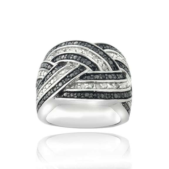 Sterling Silver 1/2ct Black & White Diamond Crossover Band Ring