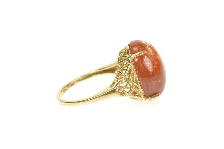 10K Yellow Gold Ornate Filigree Sunstone Cabochon Statement Ring