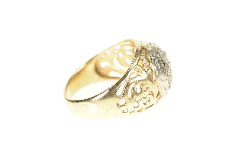 10K Yellow Gold Scroll Filigree Diamond Domed Statement Ring
