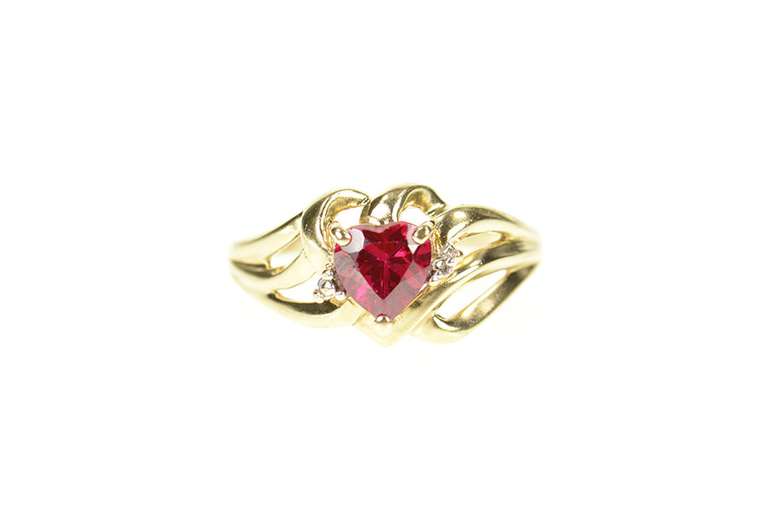 10K Yellow Gold Heart Syn. Ruby Diamond Accent Bypass Ring