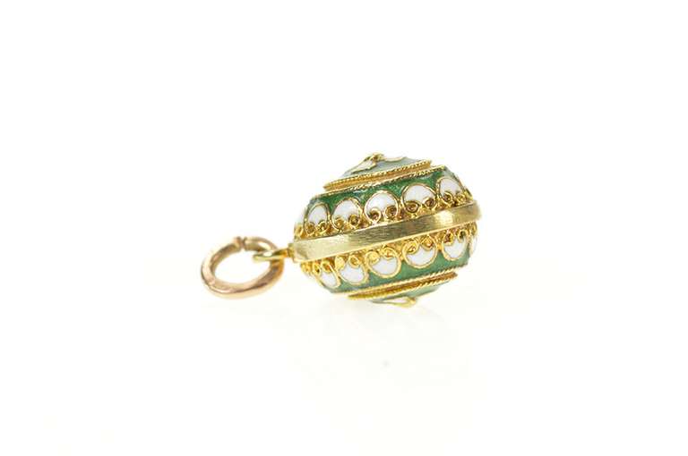 18K Yellow Gold Green & White Enamel Russian Faberge Egg Charm/Pendant