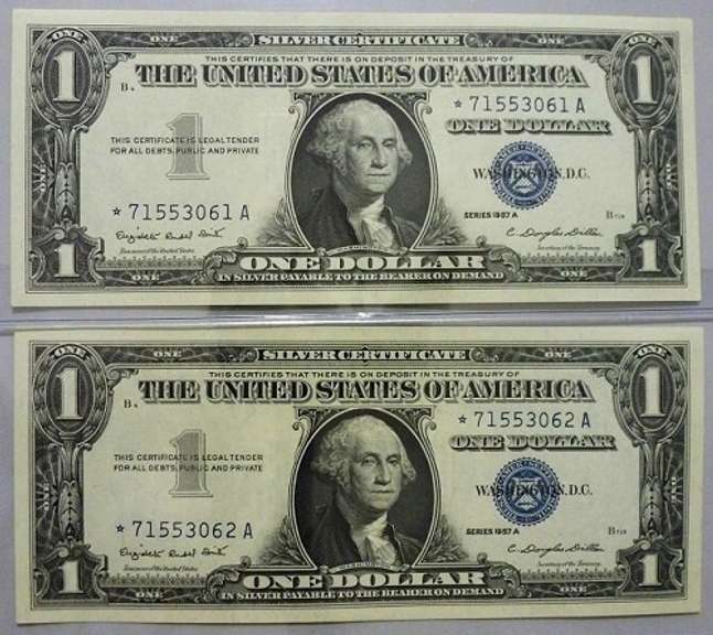 (2) Gem Crisp 1957A $1 Star Replacement Silver Certificates-Consecutive!