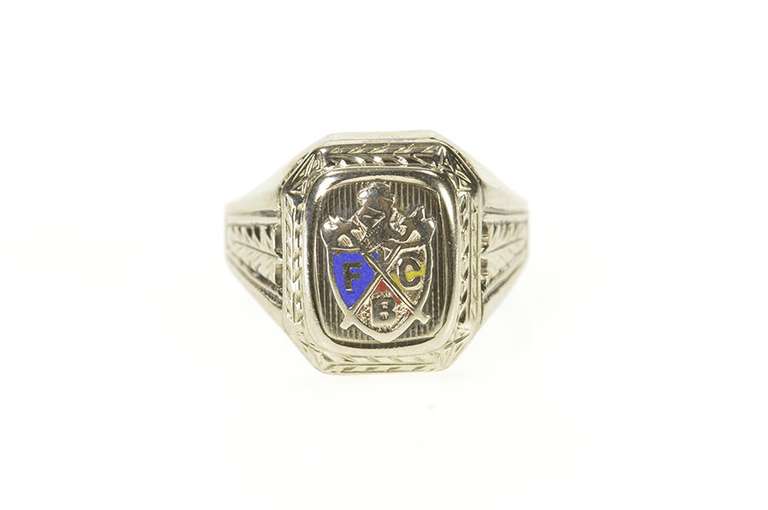 10K White Gold Knights of Pythias Art Deco Enamel Signet Ring