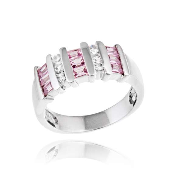 Sterling Silver 3/5ct Pink & Clear CZ Baguette & Round Striped Ring