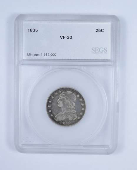VF30 1835 Capped Bust Quarter - Graded by SEGS