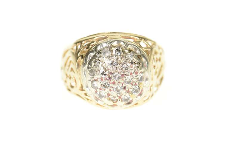 10K Yellow Gold Scroll Filigree Diamond Domed Statement Ring