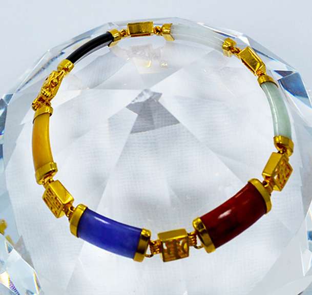 Gold Over Sterling Multi Color Jade Bracelet With Chinese Symbols