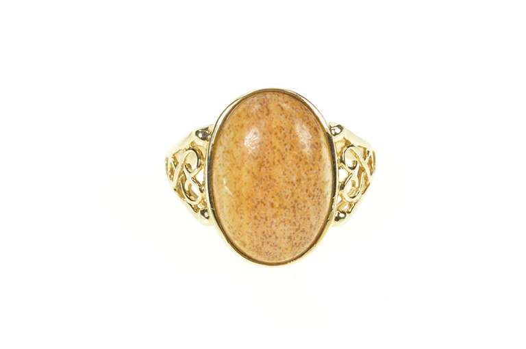 10K Yellow Gold Brown Tan Stone Cabochon Heart Filigree Ring