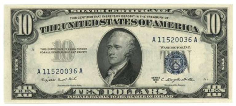 Choice CU 1953B Series $10 Blue Seal Silver Certificate
