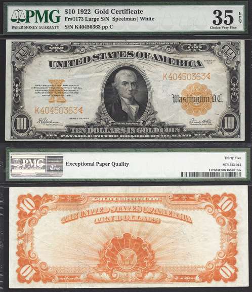 $10 1922 GOLD CERTIFICATE HILLEGAS GOLD SEAL BRIGHT ORANGE BACK PMG CH. VF 35EPQ