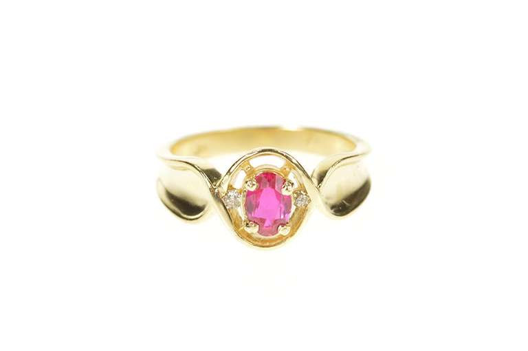 14K Yellow Gold Oval Syn. Ruby Diamond Accent Engagement Ring