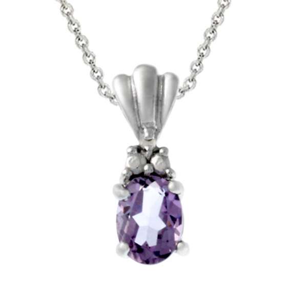 Sterling Silver Diamond Accented Oval Amethyst Pendant