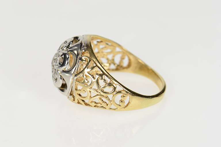 10K Yellow Gold Men's Retro Diamond Cluster Scroll Filigree Ring