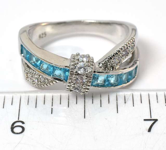 Sterling Silver CZ Cocktail Ring Blue and White Stone