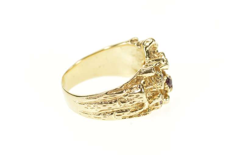 14K Yellow Gold Retro Ruby Inset Raw Textured Cluster Statement Ring