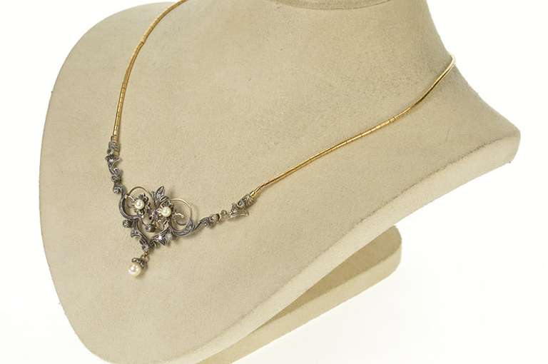 14K Yellow Gold Edwardian Diamond Pearl Scroll Pendant Necklace