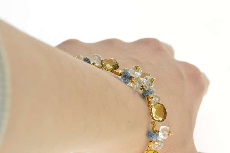 18K Yellow Gold Citrine Blue Topaz Quartz Fringe Statement Bracelet