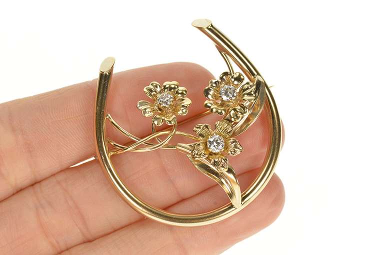 10K Yellow Gold 0.51 Ctw Diamond Flower Horseshoe Statement Pin/Brooch