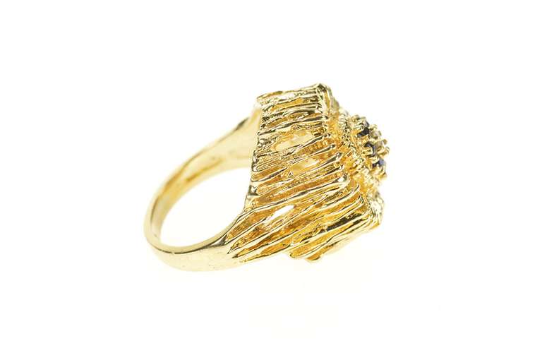 14K Yellow Gold Diamond Sapphire Abstract Floral Cocktail Ring