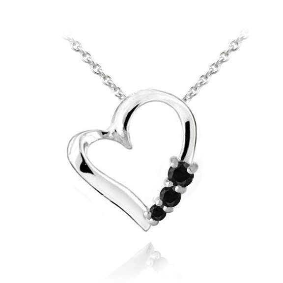 Sterling Silver Black Spinel Three Stone Floating Heart Necklace