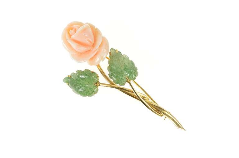 18K Yellow Gold Ornate Carved Coral Jade Leaf 3D Flower Pendant