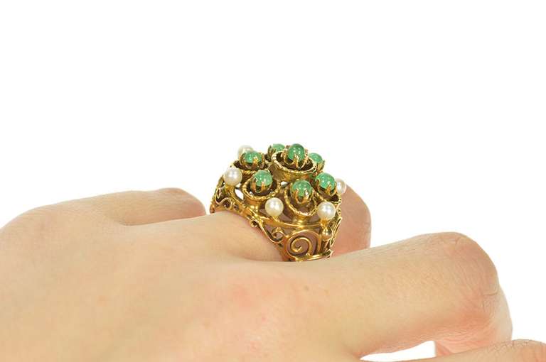 14K Yellow Gold 1960's Pearl Emerald Ornate Filigree Cocktail Ring