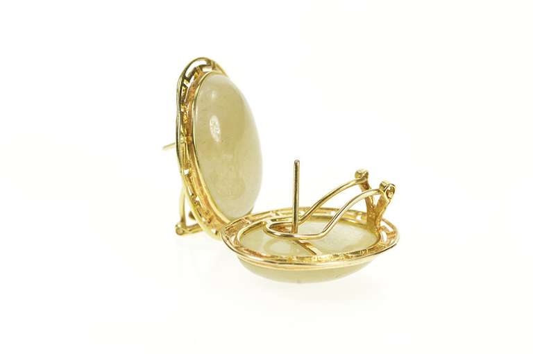 14K Yellow Gold Oval Jade Cabochon Greek Key French Clip Earrings