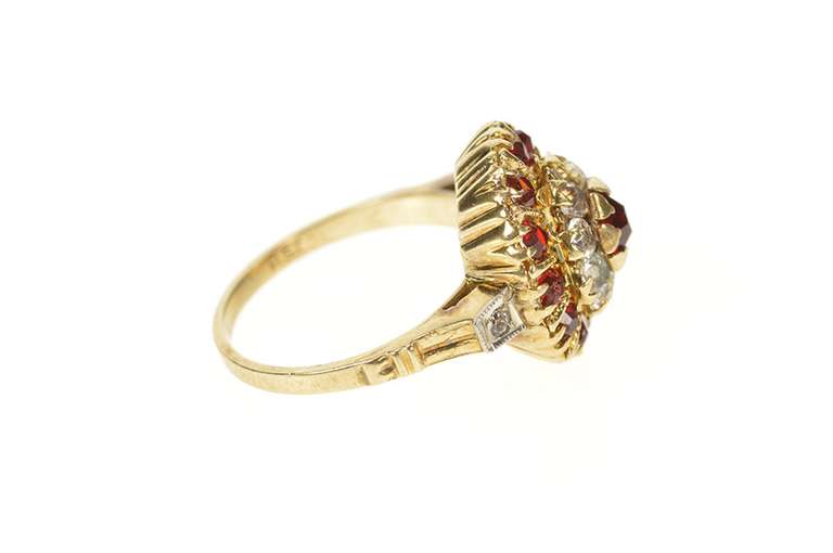 10K Yellow Gold Art Deco Red & White Rhinestone Halo Cocktail Ring