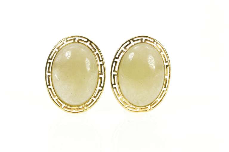 14K Yellow Gold Oval Jade Cabochon Greek Key French Clip Earrings