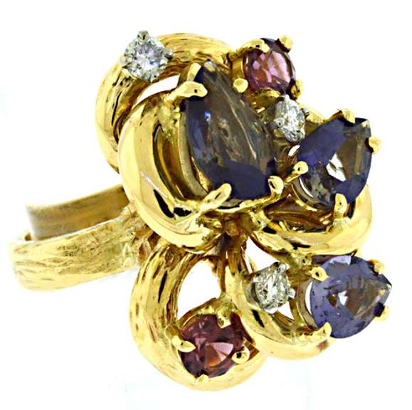 Divine 14kt YG Tanzanite, Pink Tourmaline, and Diamond Ring
