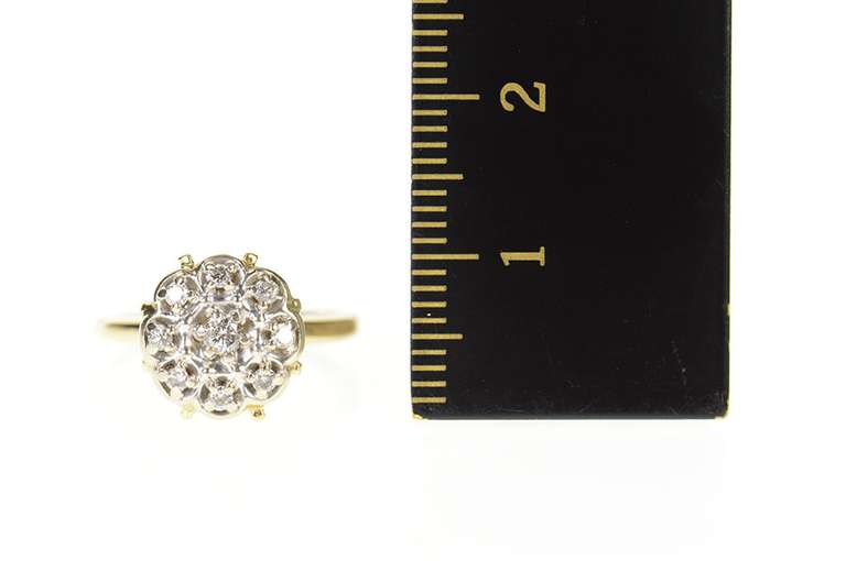 10K Yellow Gold Retro Ornate Diamond Round Raised Cluster Ring