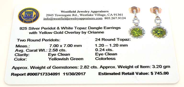 Splendid Peridot & White Topaz Dangle Earrings in Vermeil