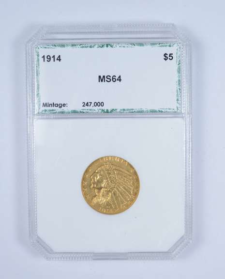 MS64 1914 $5.00 Indian Head Gold Half Eagle - Graded by PCI