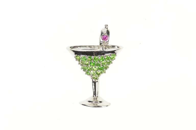 14K White Gold Pave Peridot Ruby Ornate Martini Glass Drink Pendant