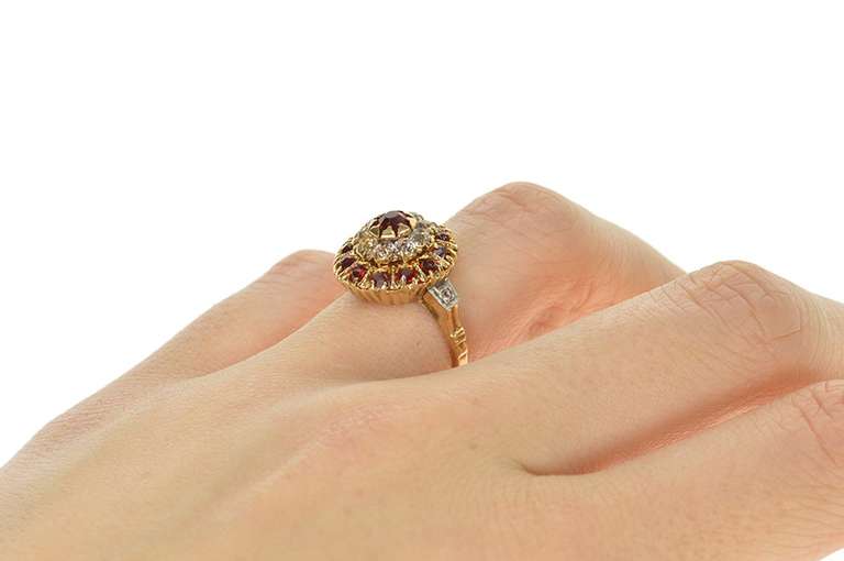 10K Yellow Gold Art Deco Red & White Rhinestone Halo Cocktail Ring