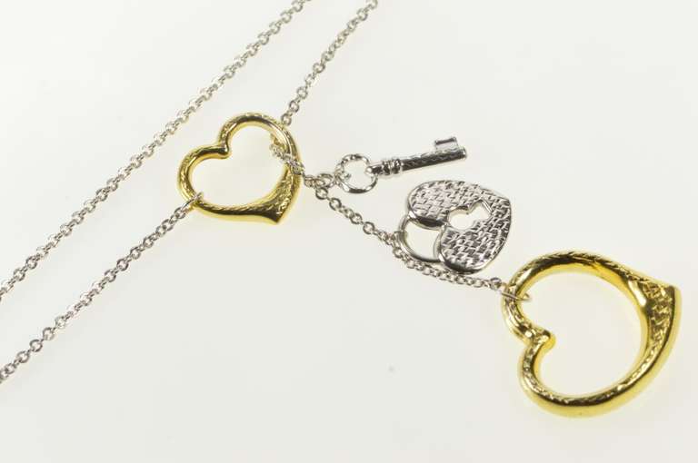 18K White Gold Lariat Design Heart Key Padlock Statement Necklace