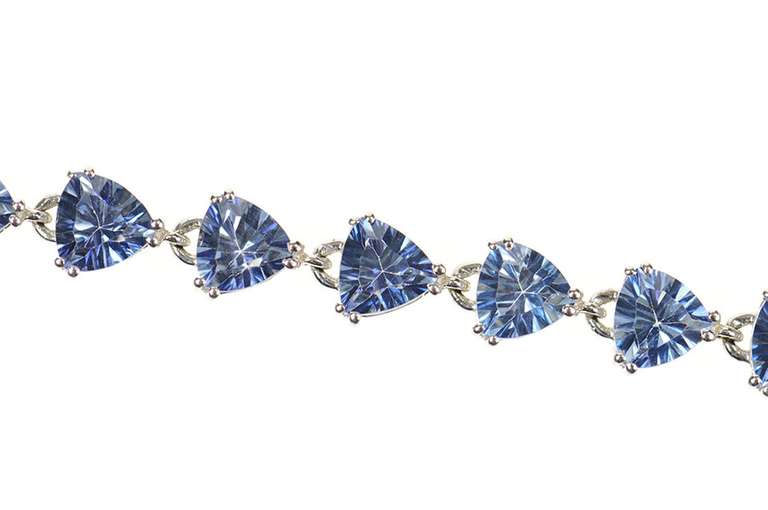 14K White Gold Trillion Sim. Sapphire Statement Tennis Bracelet