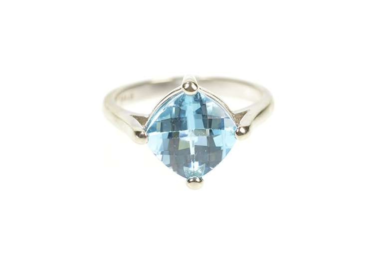 14K White Gold Cushion Faceted Blue Topaz Statement Ring