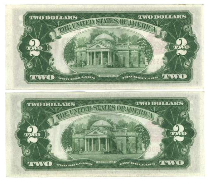 2 Crisp Uncirculated 1928-C $2 Red Seal Notes. Nice