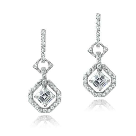Sterling Silver CZ Octagon Dangle Earrings