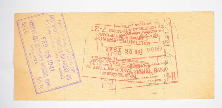 Walter Johnson Washington Senators Signed/Autographed Bank Check 1941