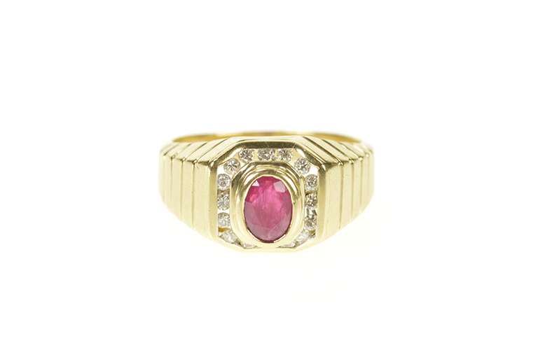14K Yellow Gold 0.78 Ctw Oval Ruby Diamond Halo Squared Ring