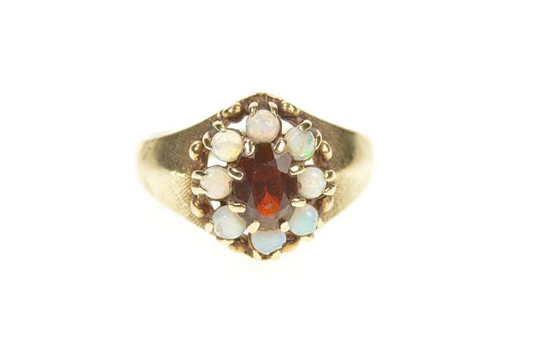 10K Yellow Gold Retro Oval Garnet Opal Halo Statement Ring