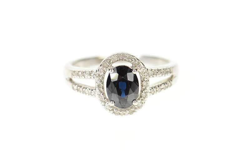 10K White Gold Oval Sapphire Diamond Halo Engagement Ring