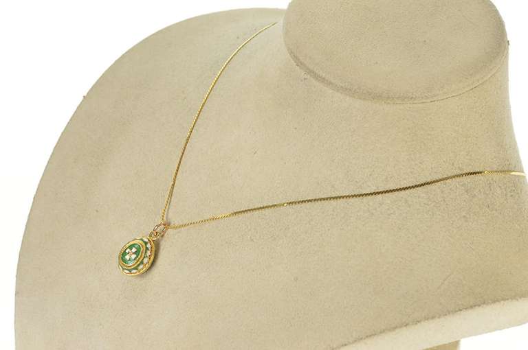18K Yellow Gold Green & White Enamel Russian Faberge Egg Charm/Pendant