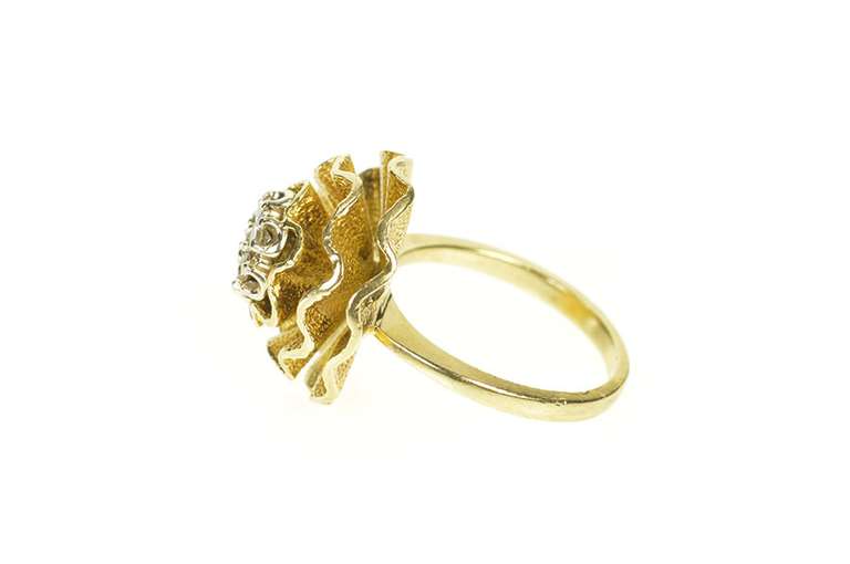 14K Yellow Gold 1950's Diamond Cluster Frilly Round Cocktail Ring