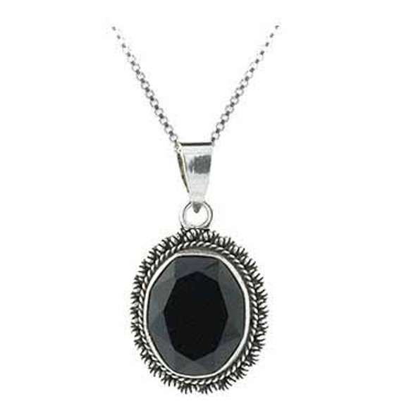 Sterling Silver Faceted Onyx Bali Bead Oval Pendant