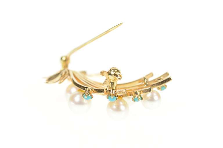 14K Yellow Gold Retro 1950's Pearl Turquoise Floral Bouquet Pin/Brooch
