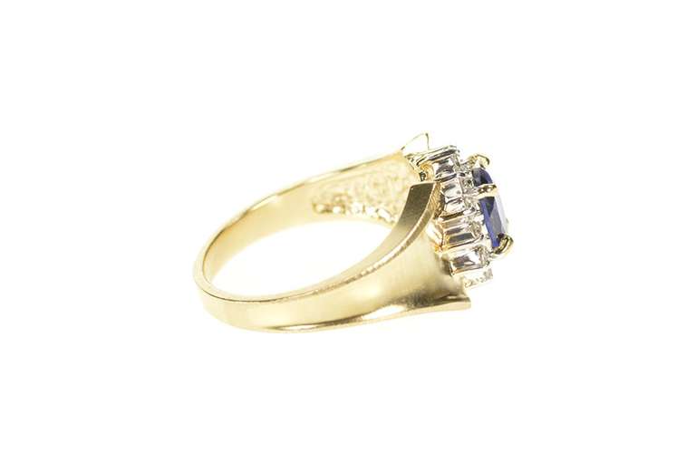 10K Yellow Gold Oval Syn. Sapphire Diamond Halo Engagement Ring